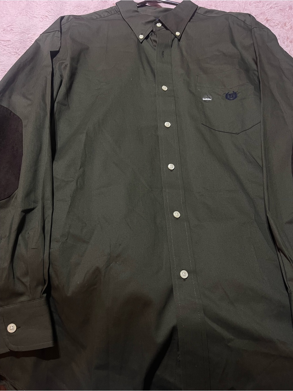 Men's Army Green Button-Down Shirt with Elbow Patches